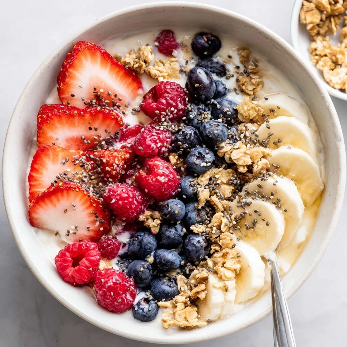 Cottage Cheese Breakfast Bowl with creamy curds, juicy berries, crunchy granola.