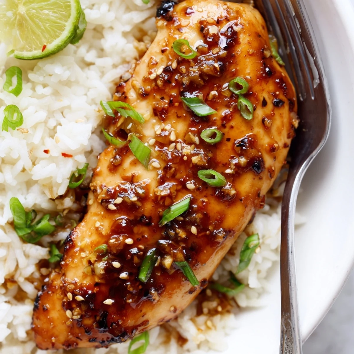 Glazed Spicy Maple Chicken And Coconut Rice steaming atop fragrant jasmine rice