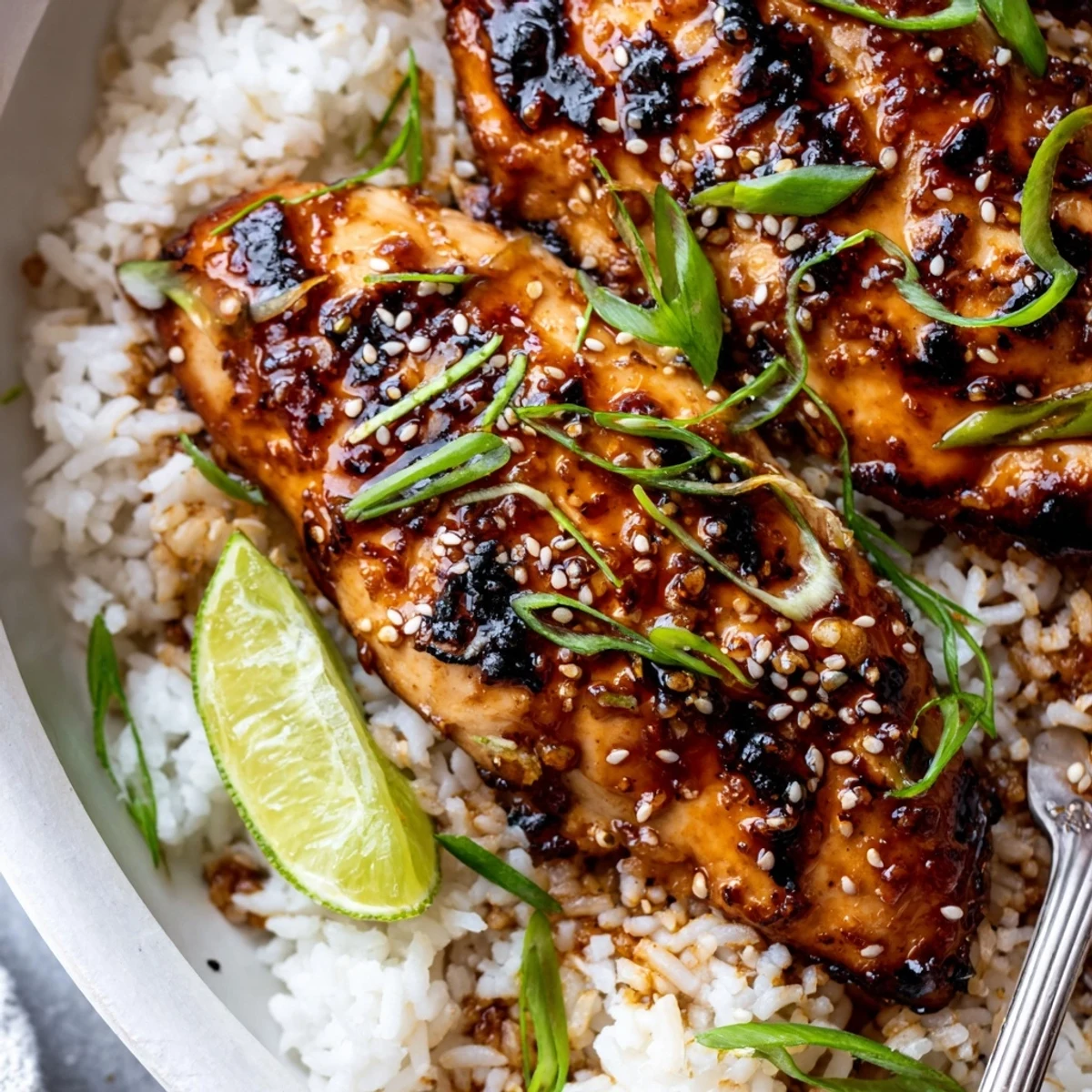 Spicy Maple Chicken And Coconut Rice topped with scallions, sesame, and lime