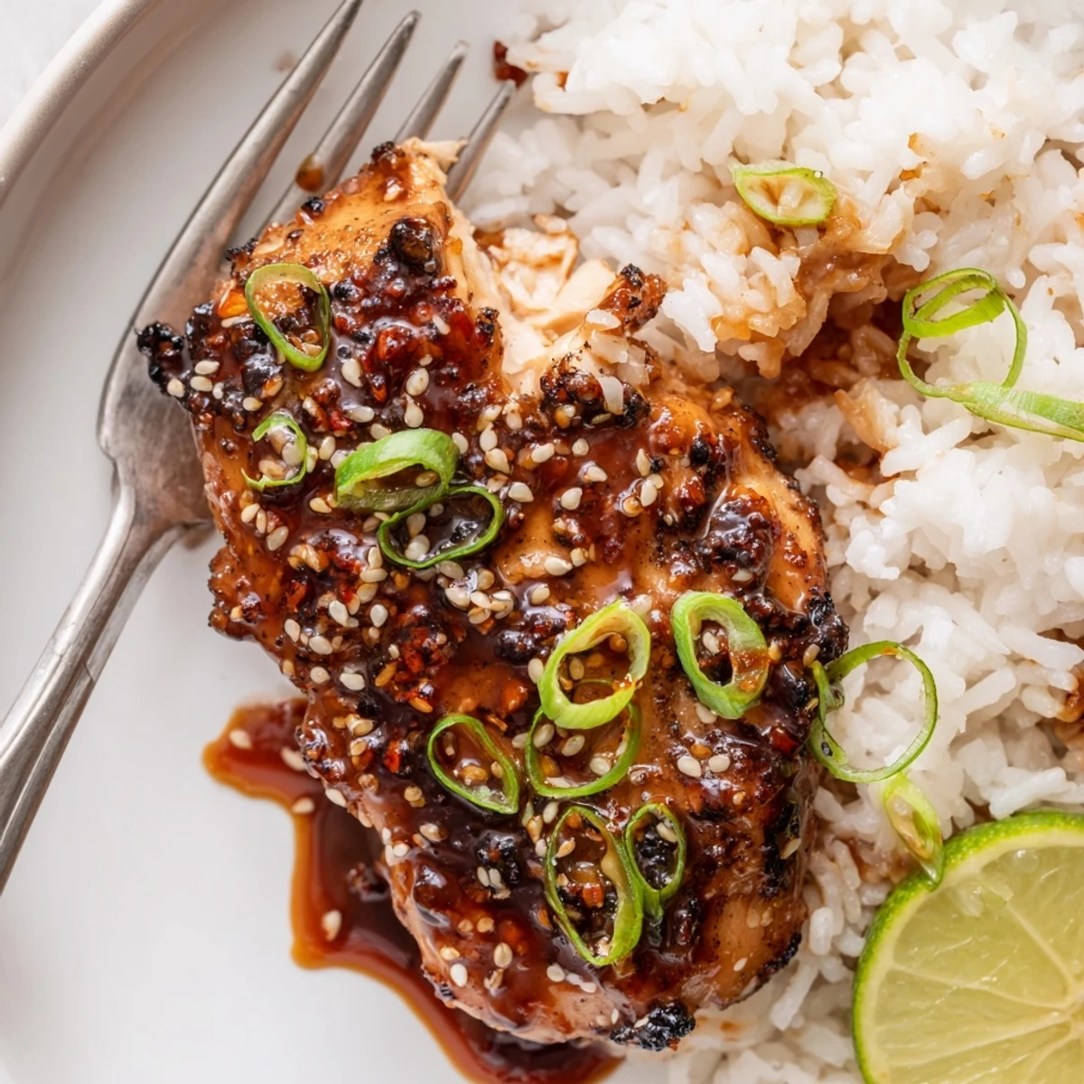 Caramelized chicken from Spicy Maple Chicken And Coconut Rice served hot with lime