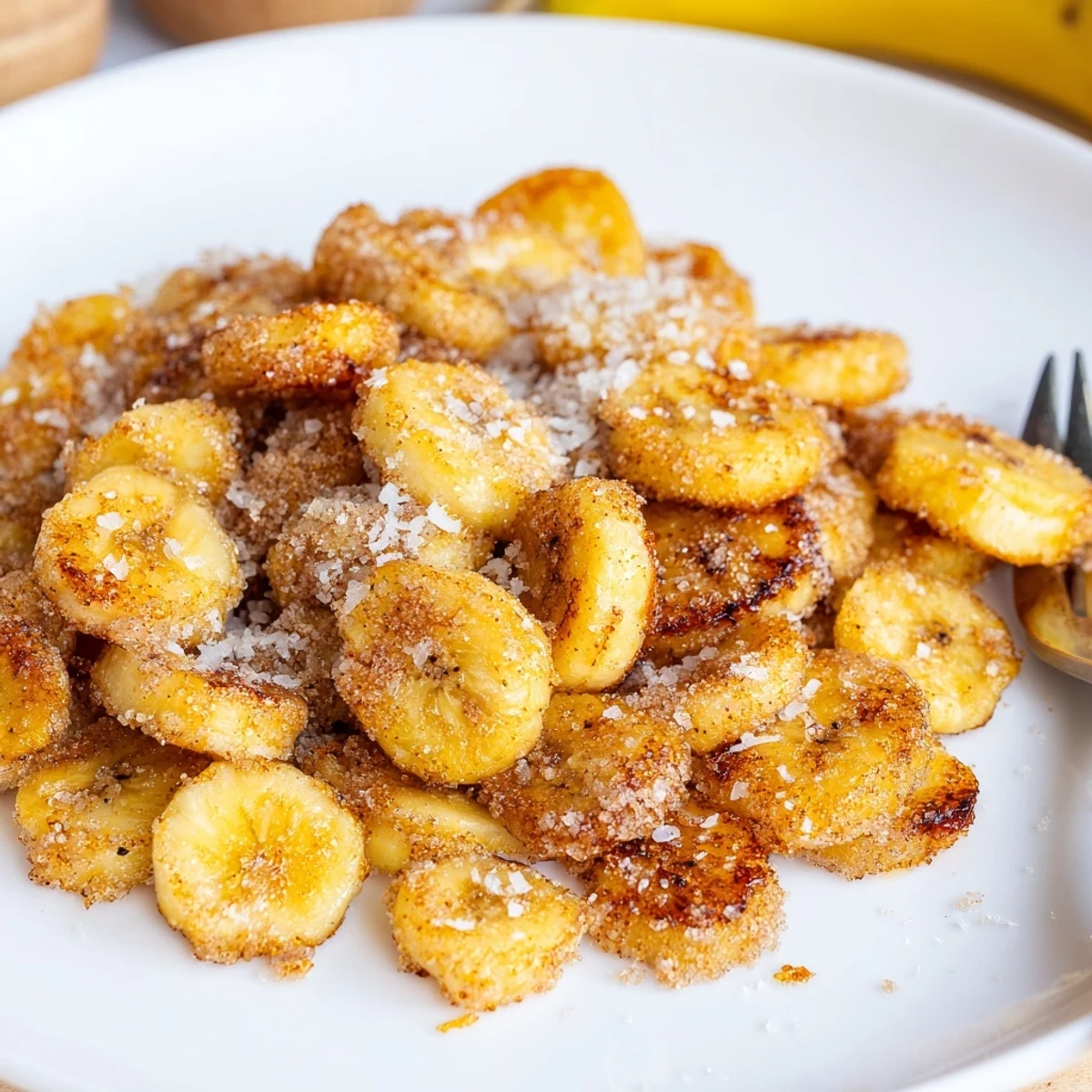 Crispy Cinnamon Sugar Air Fryer Banana Chips served warm in a small bowl