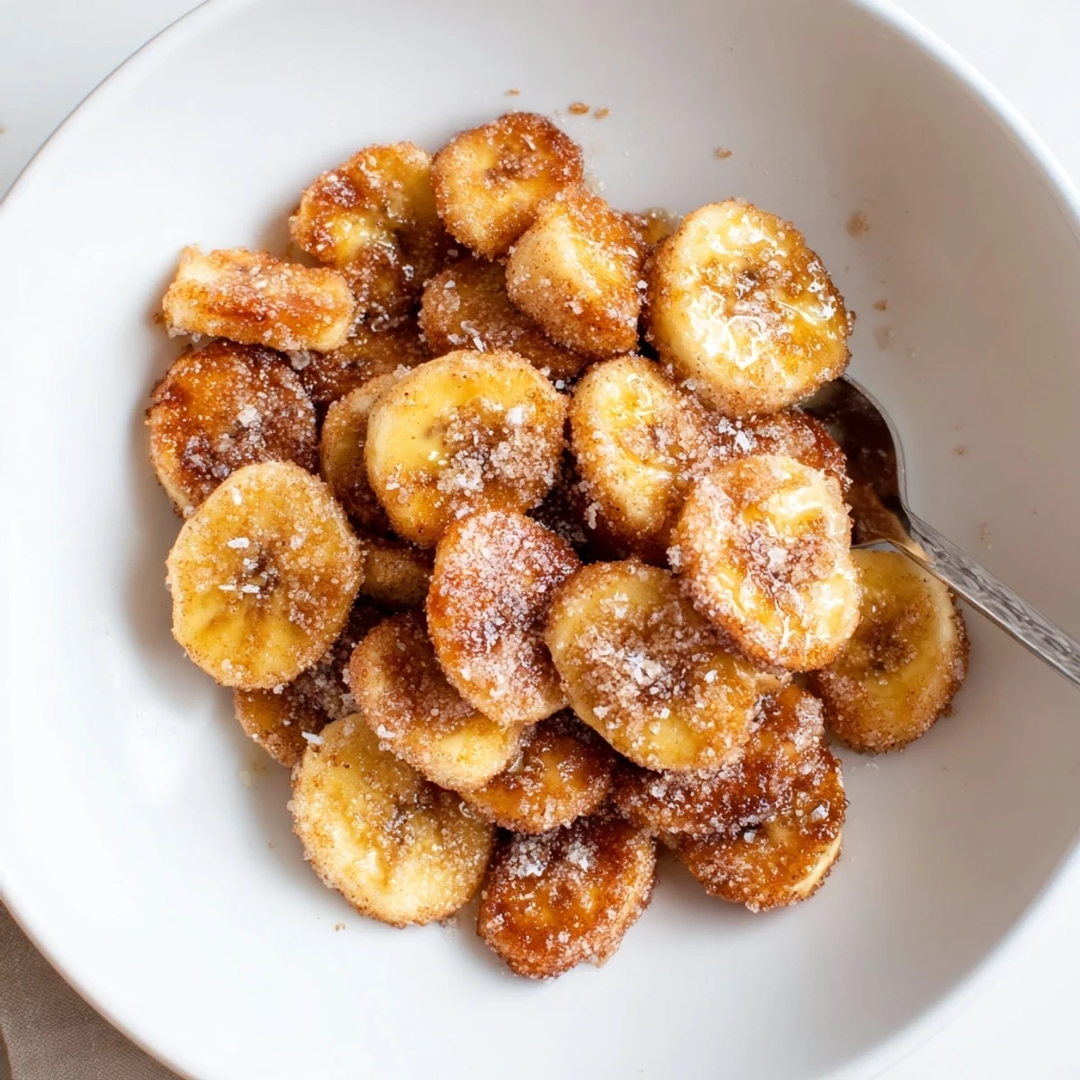 Hand holding Crispy Cinnamon Sugar Air Fryer Banana Chips showing golden edges