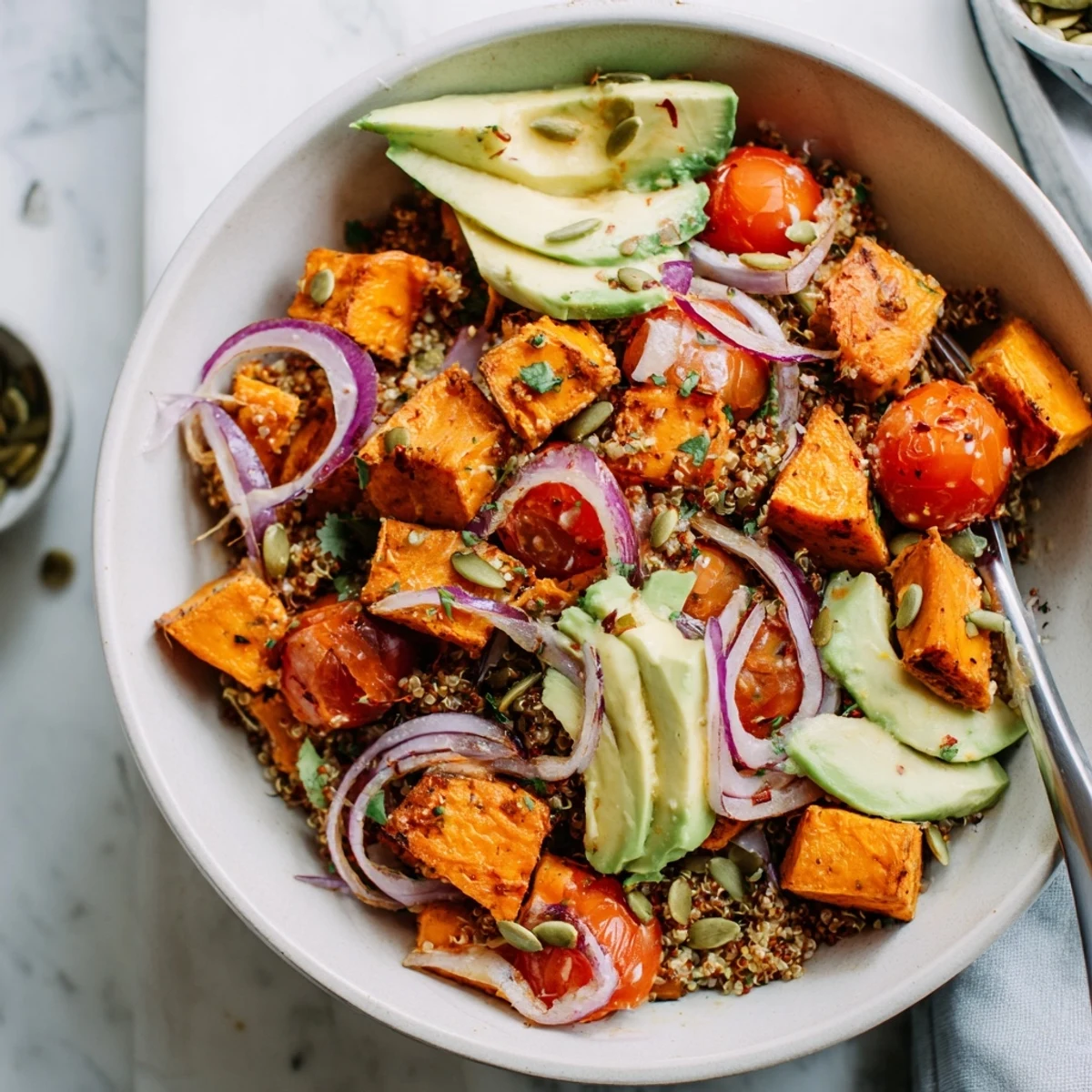 Roasted Sweet Potato Quinoa Salad Bowl featuring fluffy grains, sweet roasted cubes, creamy tahini.