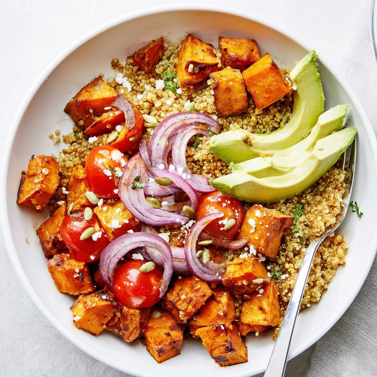 Roasted Sweet Potato Quinoa Salad Bowl with caramelized cubes, lemon-tahini drizzle, avocado.