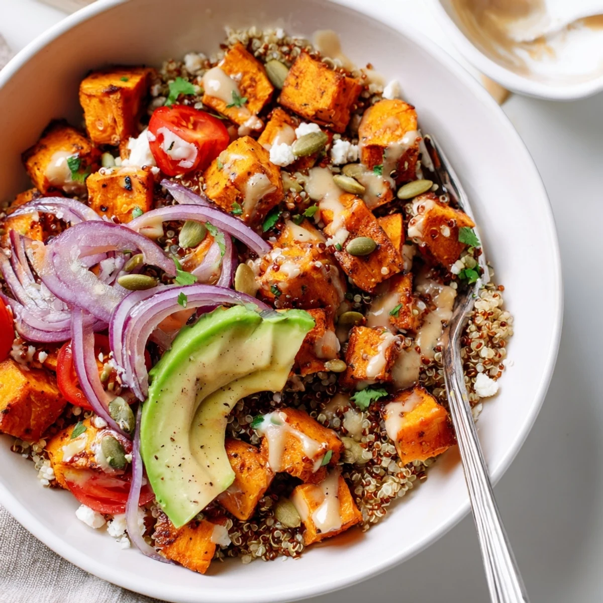 Warm greens topped with Roasted Sweet Potato Quinoa Salad Bowl, sprinkled seeds.