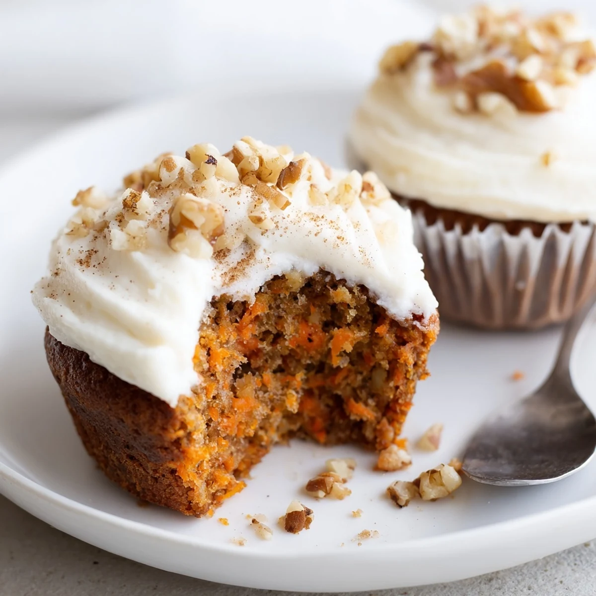 Moist Carrot Cake Cupcakes topped with swirled cream cheese frosting, speckled spices