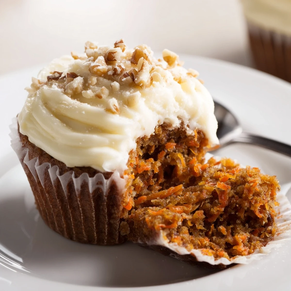 Plated Moist Carrot Cake Cupcakes garnished with chopped walnuts, perfect with chai