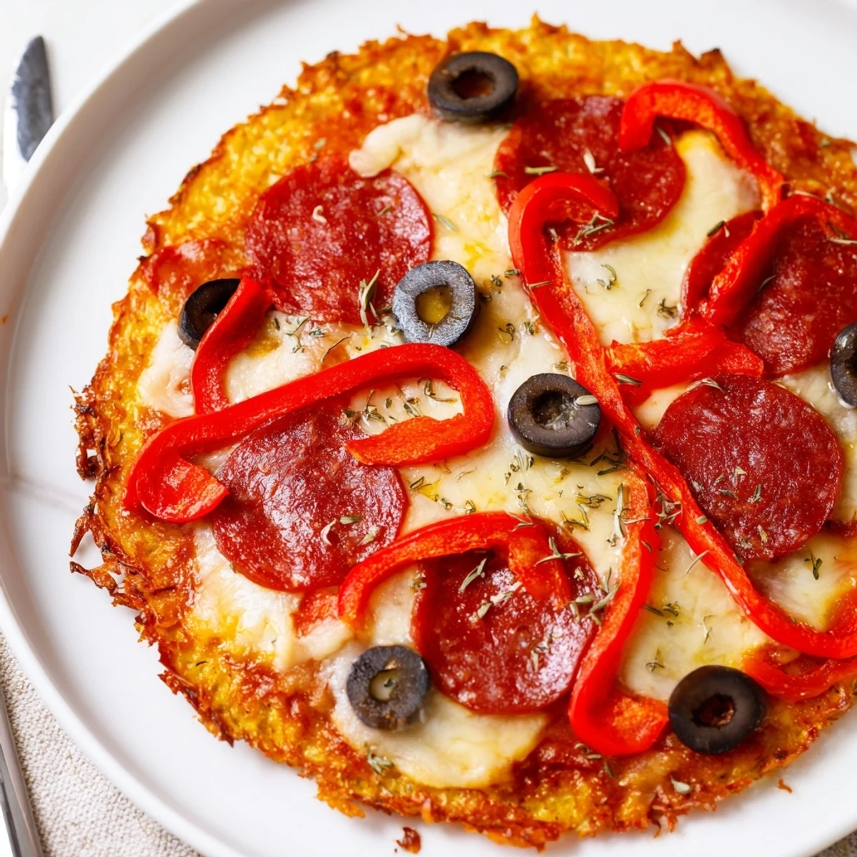 Keto Pizza With Crispy Low Carb Crust topped with bubbling melted mozzarella.