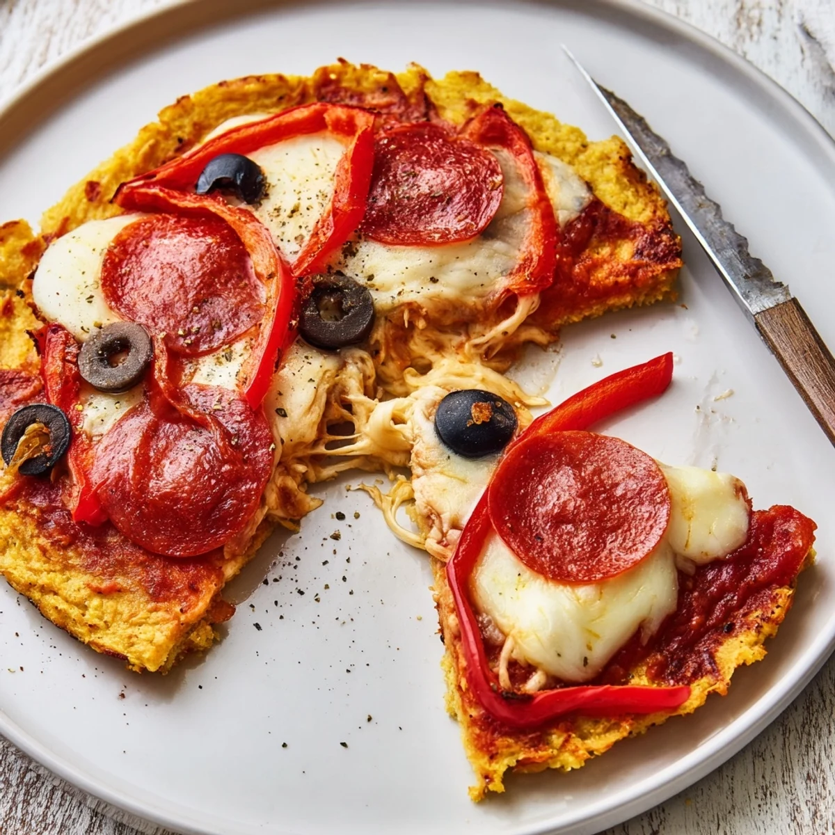 Golden, thin-crisp slices of Keto Pizza With Crispy Low Carb Crust on plate.