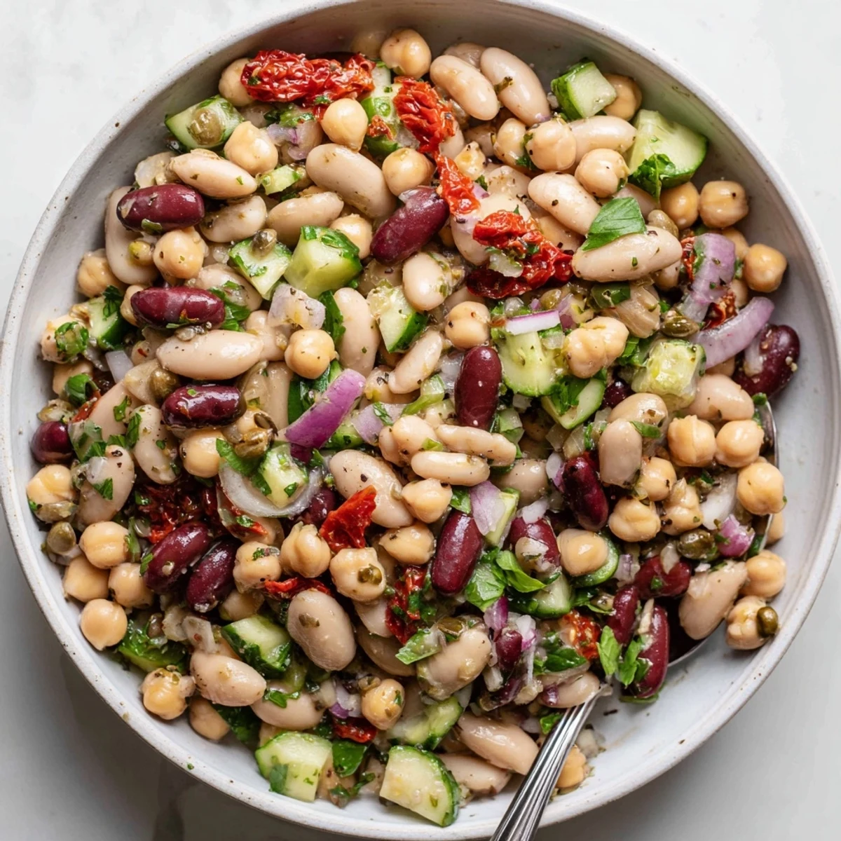 Dense Bean Salad With Sun Dried Tomatoes tossed with olive oil, fragrant herbs