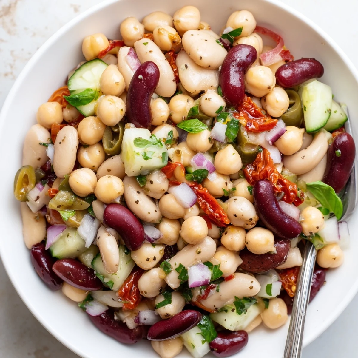 Serve Dense Bean Salad With Sun Dried Tomatoes chilled alongside crusty bread