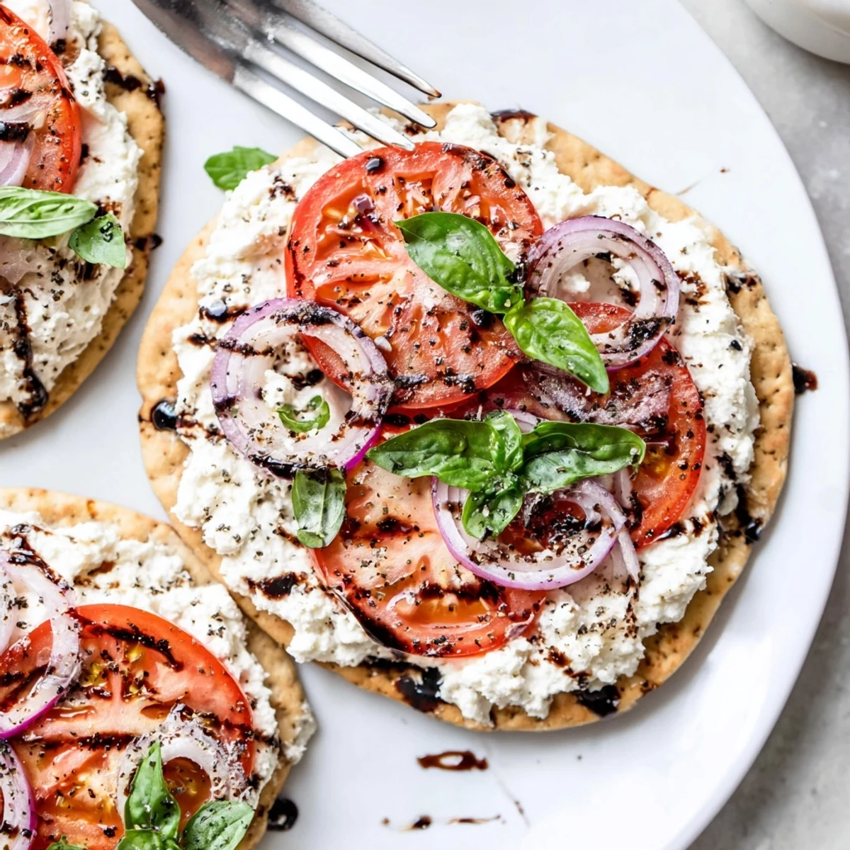 Bite-ready Caprese Pita Pizza With Whipped Garlic Feta, juicy tomato and fragrant basil