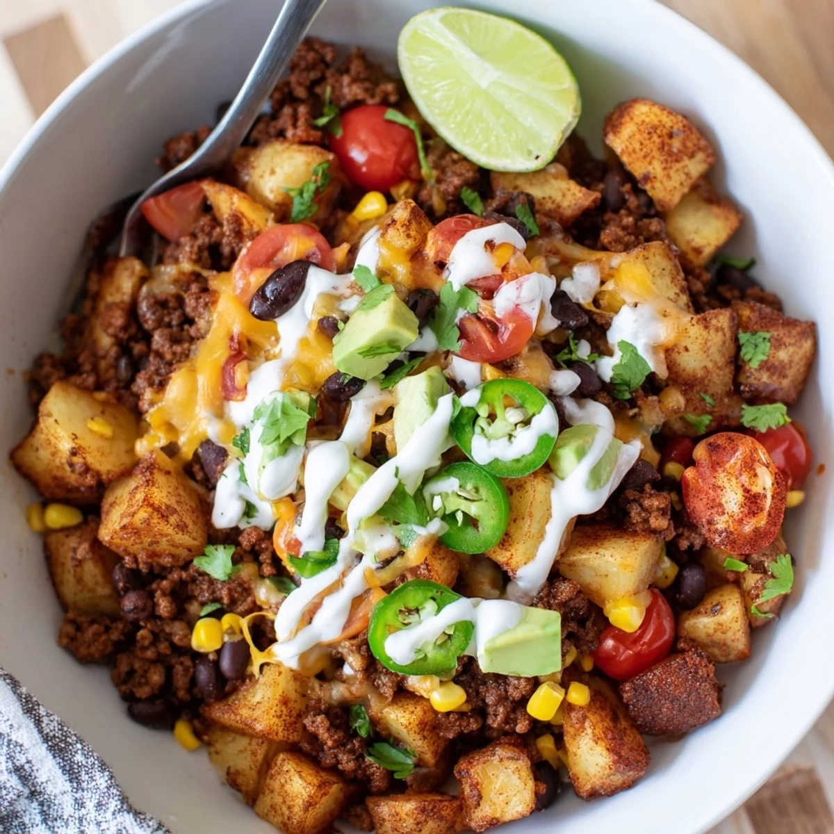 Loaded Potato Taco Bowl with crispy roasted potatoes, seasoned beef, creamy avocado.
