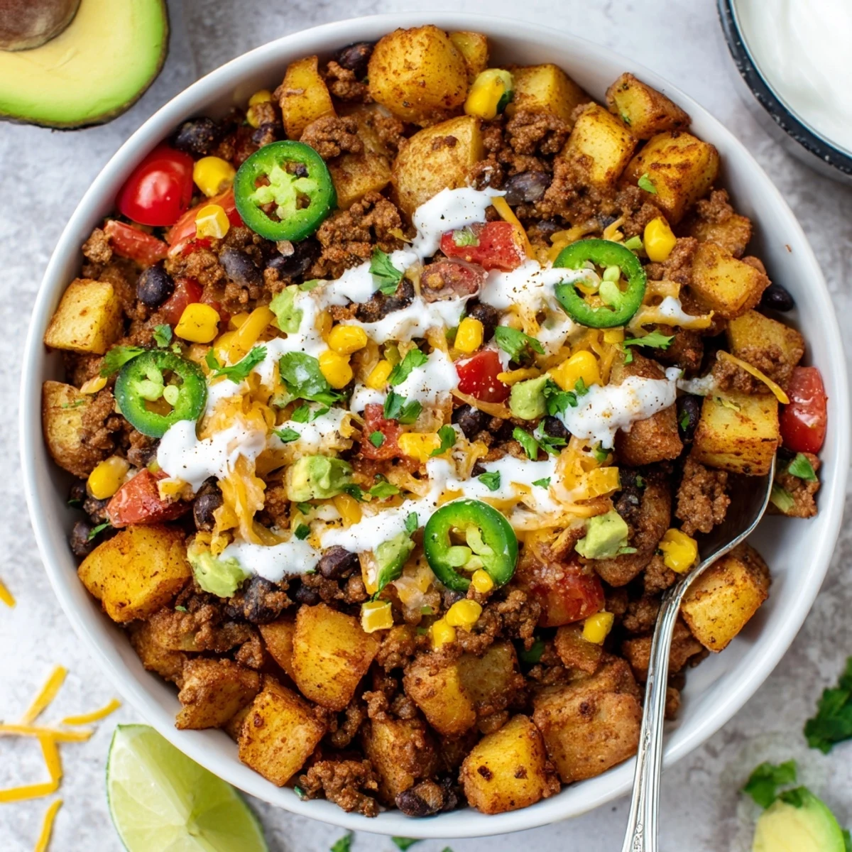 Warm Loaded Potato Taco Bowl topped with gooey cheddar, black beans, lime.