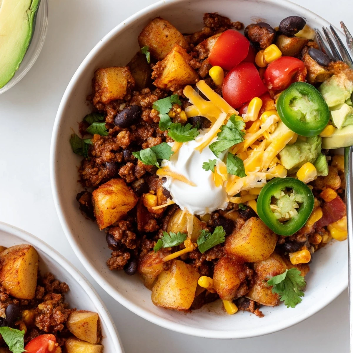 Weeknight Loaded Potato Taco Bowl served in bowls, bright tomatoes, cooling sour cream.