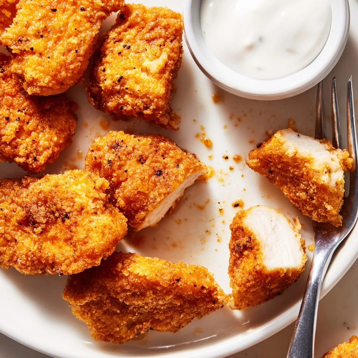 Crispy golden Chicken Bites piled on a plate, steaming, ready to dip