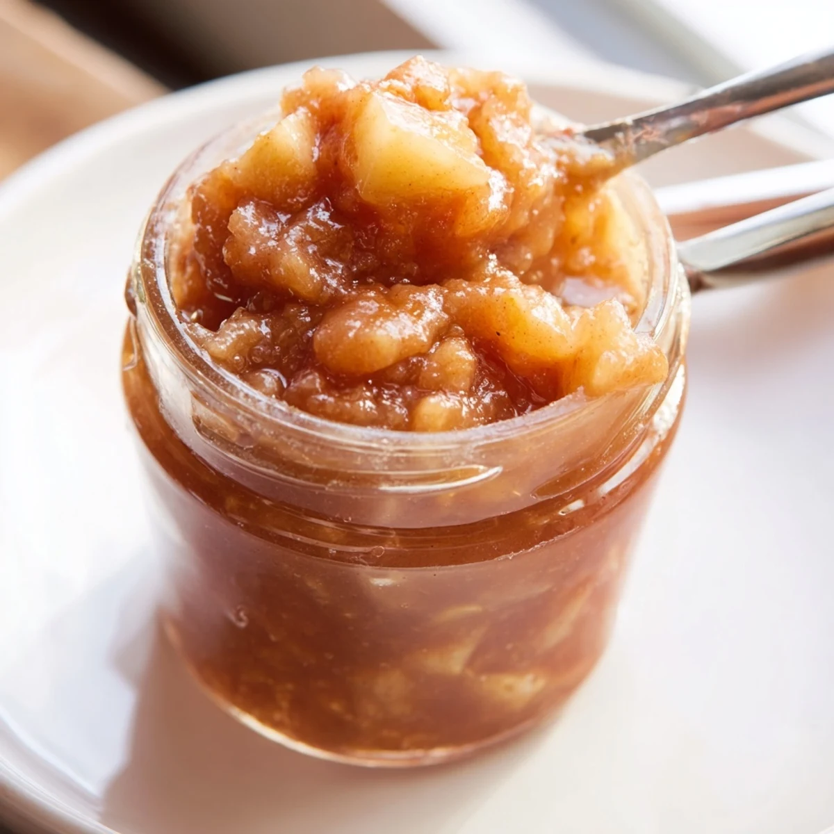 Fall Caramel Apple Jam glistening in jars, chunky apples and warm cinnamon