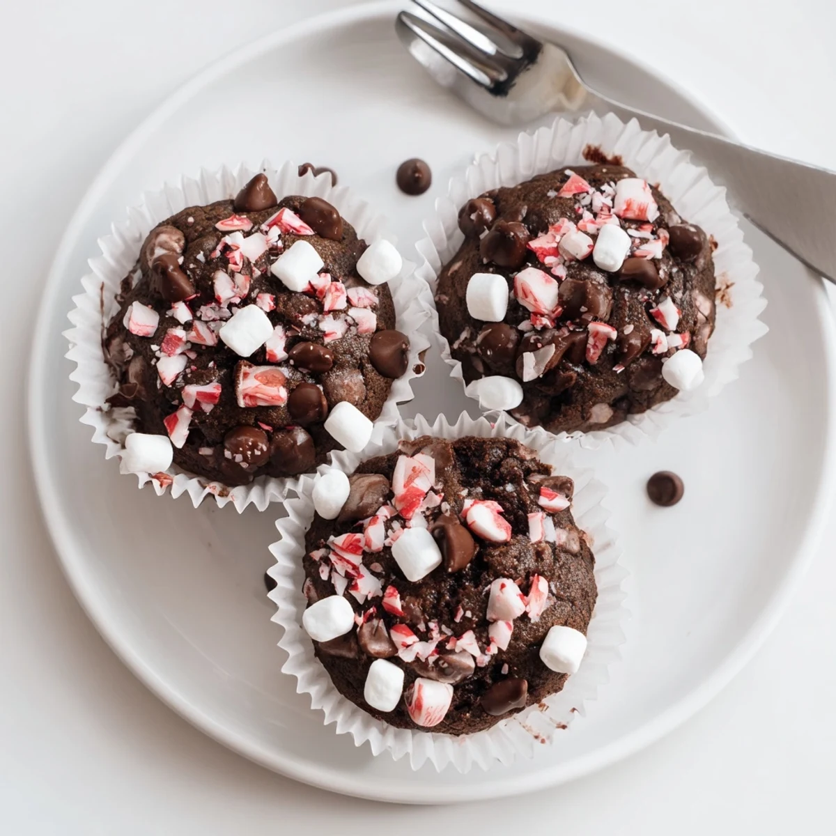 Peppermint Hot Chocolate Muffins glistening with crushed candy, warm and chocolatey aroma  