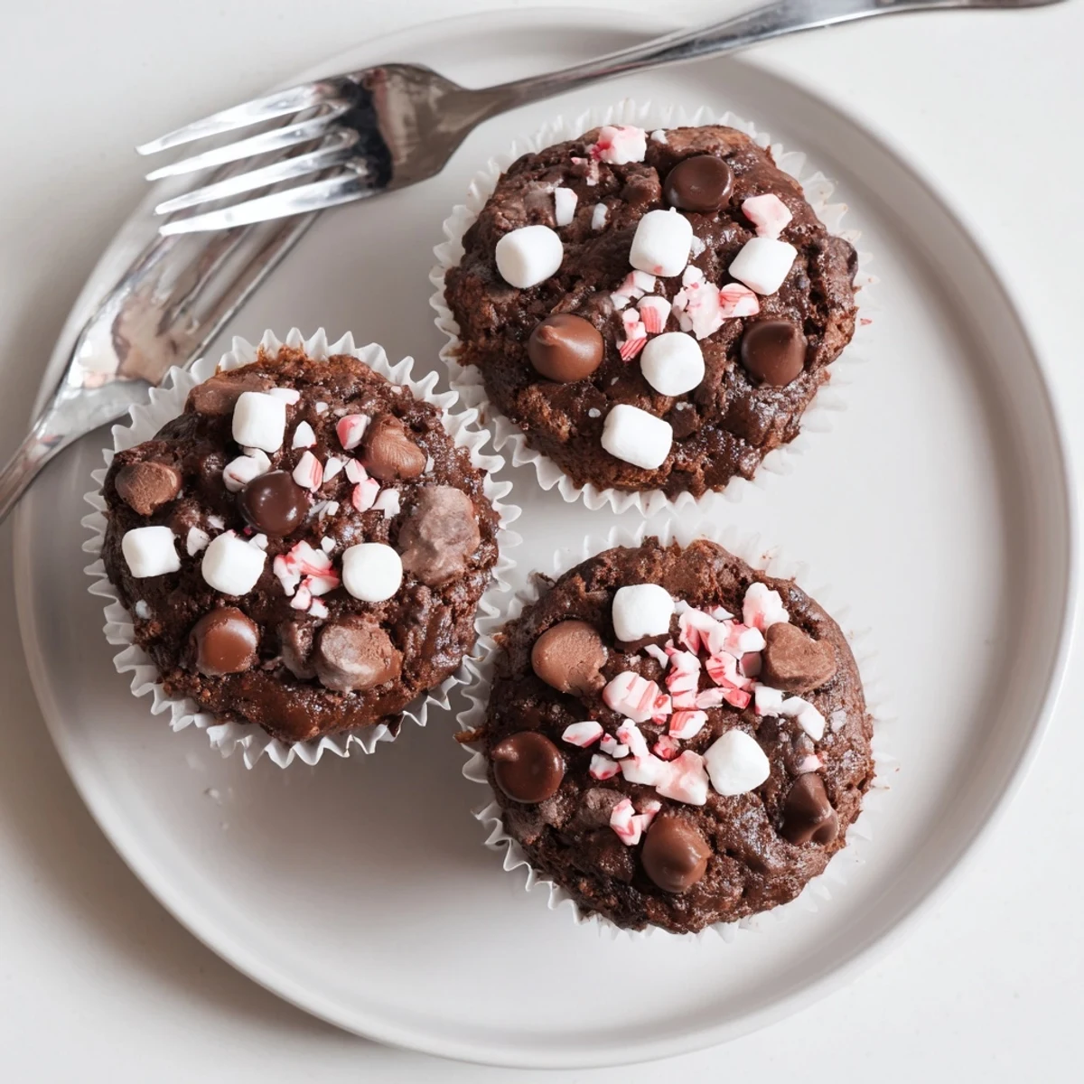 Fresh-baked Peppermint Hot Chocolate Muffins lined in paper, steaming on a rack  