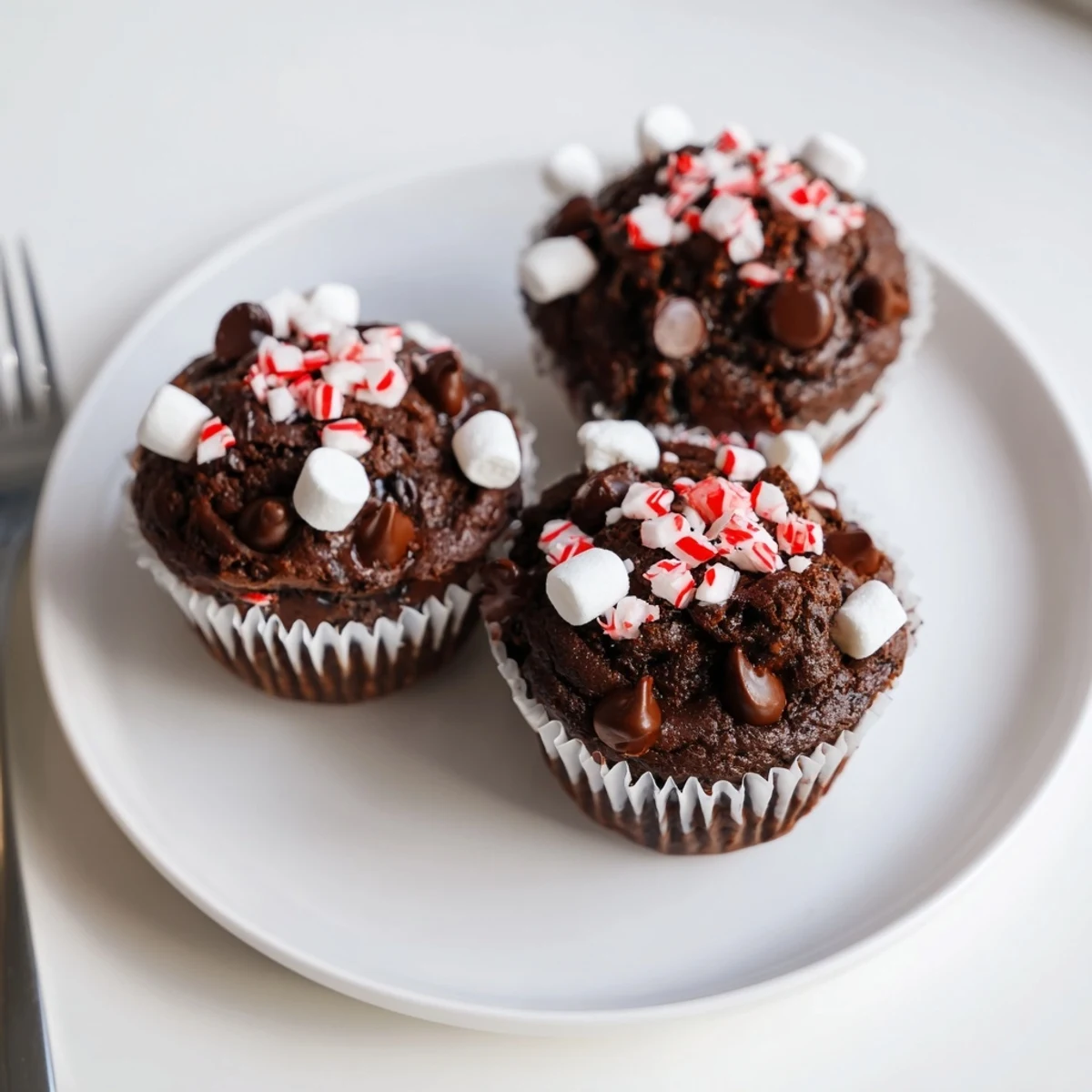 Peppermint Hot Chocolate Muffins studded with chocolate chips, perfect with whipped cream