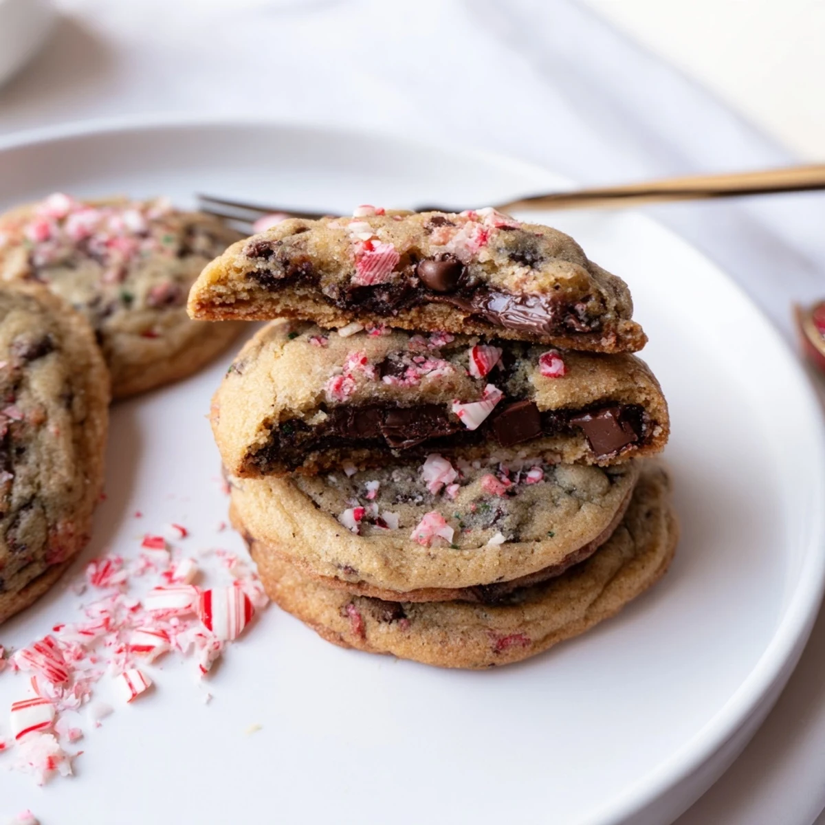 Peppermint Chocolate Chip Cookies cooling on a rack, glossy chips and crushed candy