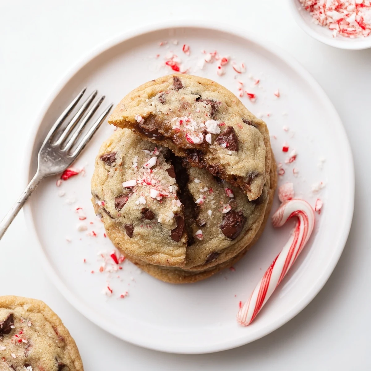 Warm Peppermint Chocolate Chip Cookies on a plate, speckled with peppermint bits