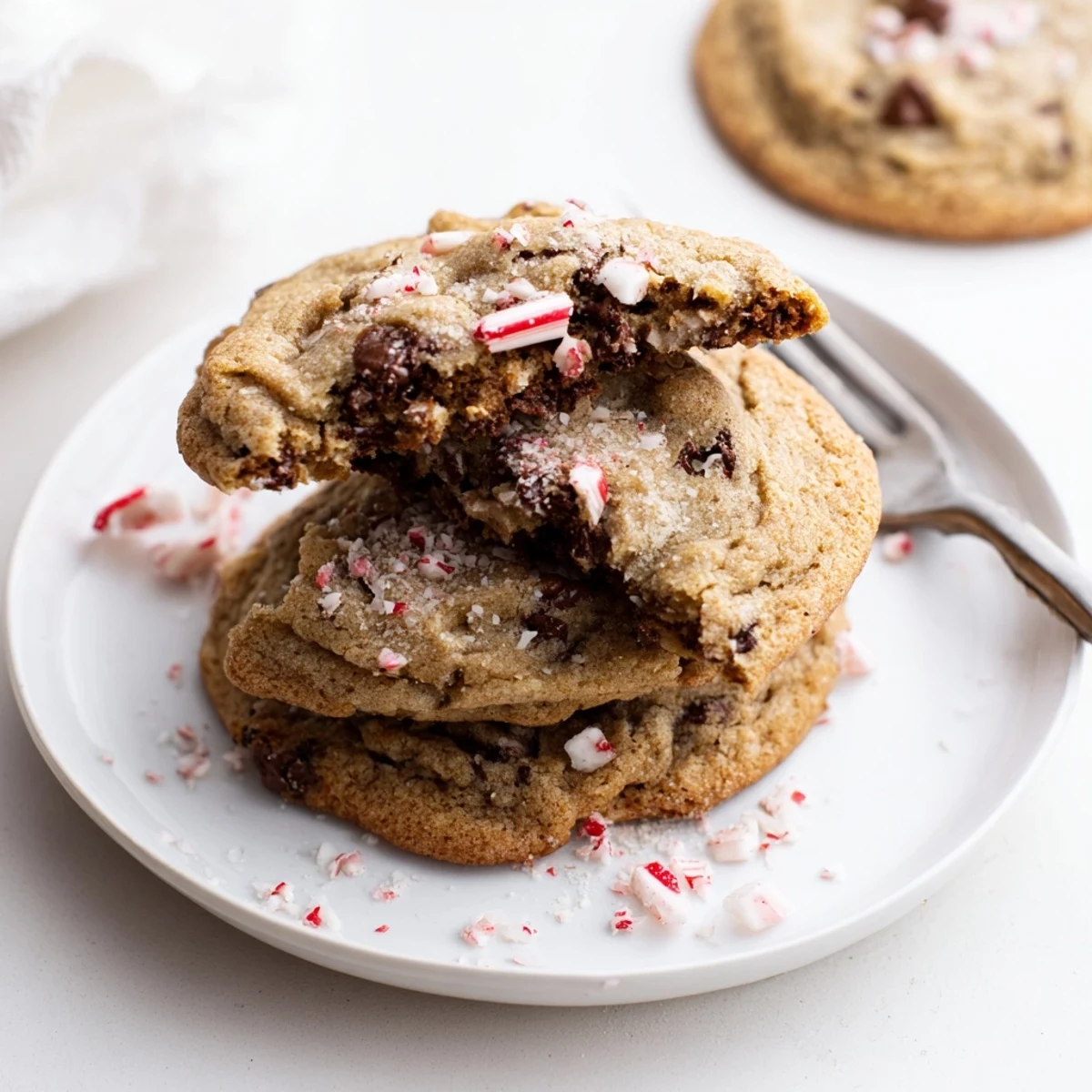 Stack of Peppermint Chocolate Chip Cookies beside milk glass, chewy centers visible
