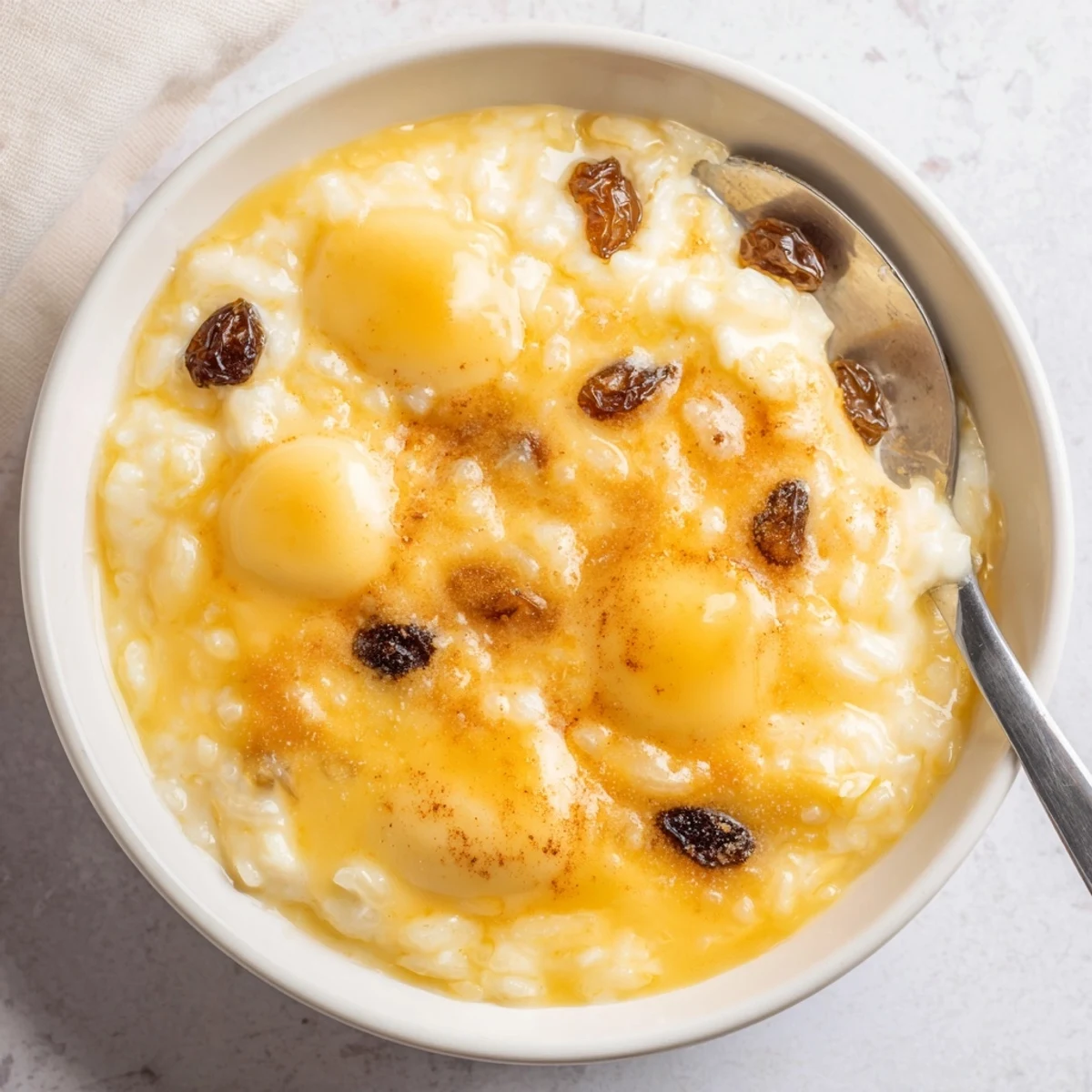 Oven-browned Delicious Condensed Milk Baked Rice Pudding Recipe To Try, studded with raisins