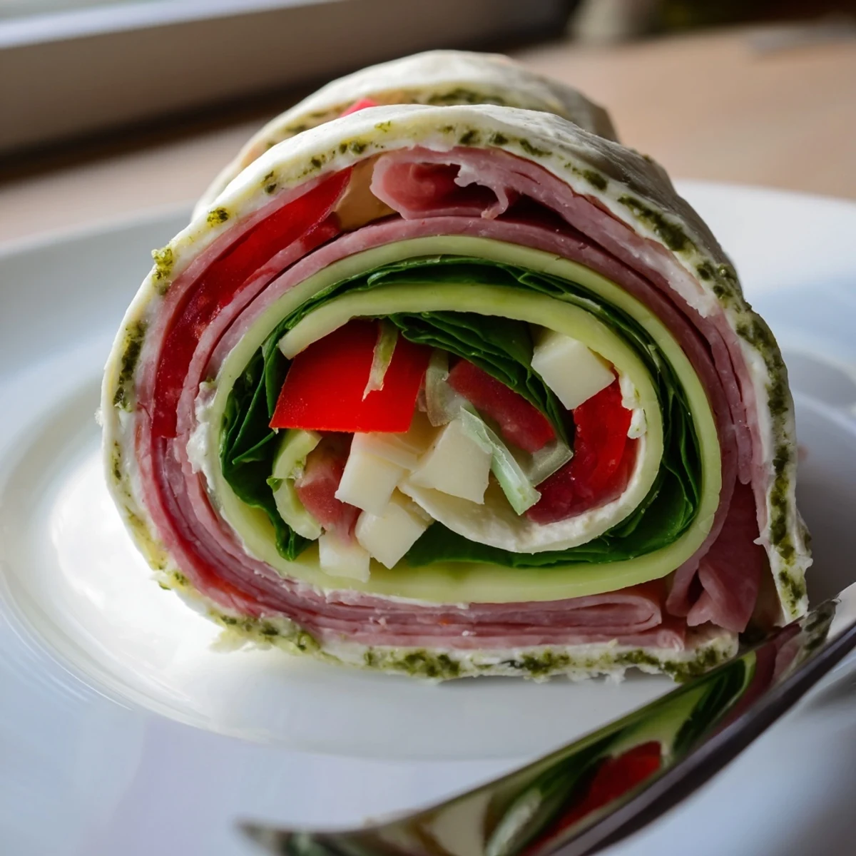 Italian Pinwheel Sandwiches arranged on platter, colorful fillings and basil garnish  