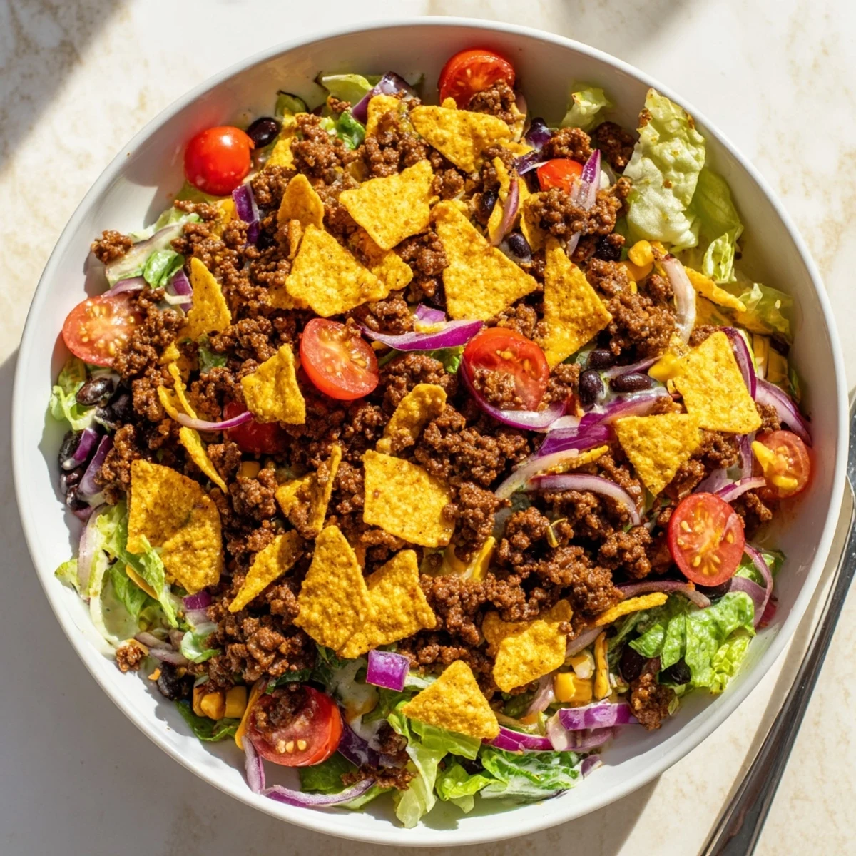 Simple Doritos Taco Salad with crunchy Nacho Cheese chips and warm beef