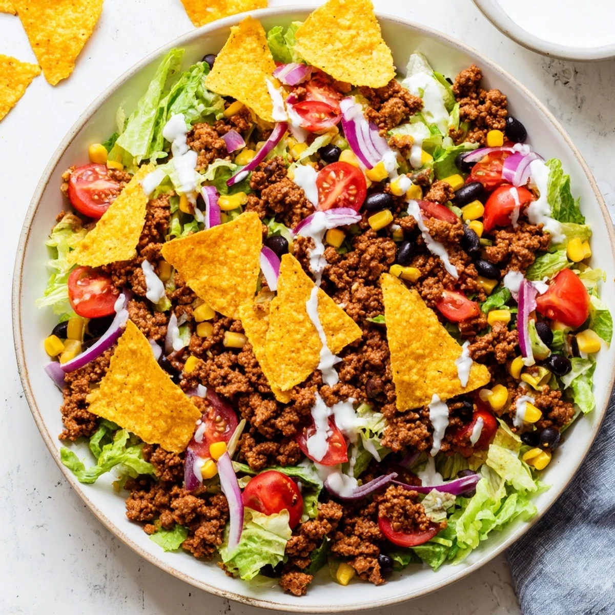 Bright, zesty Simple Doritos Taco Salad topped with cheddar, juicy tomatoes, creamy ranch
