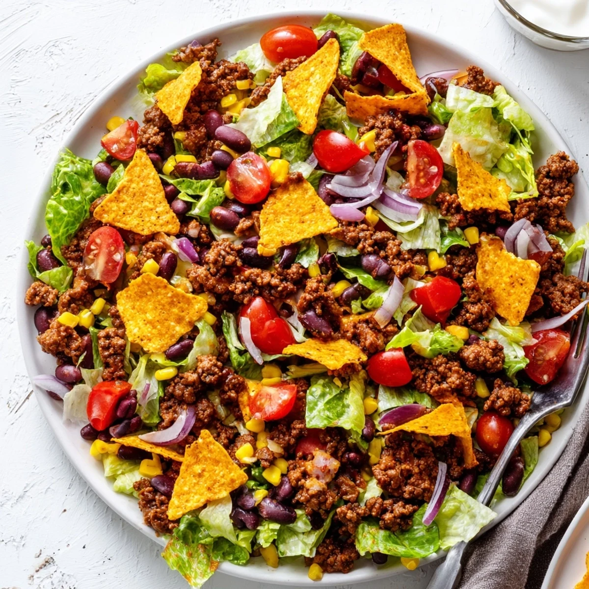 Crunchy bowl of romaine, seasoned beef, and Simple Doritos Taco Salad ready to serve