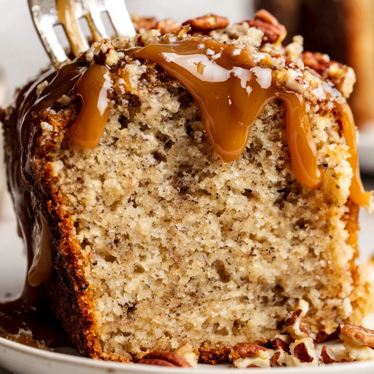 Slice of Salted Caramel Brown Butter Banana Cake on plate, glossy caramel drizzle