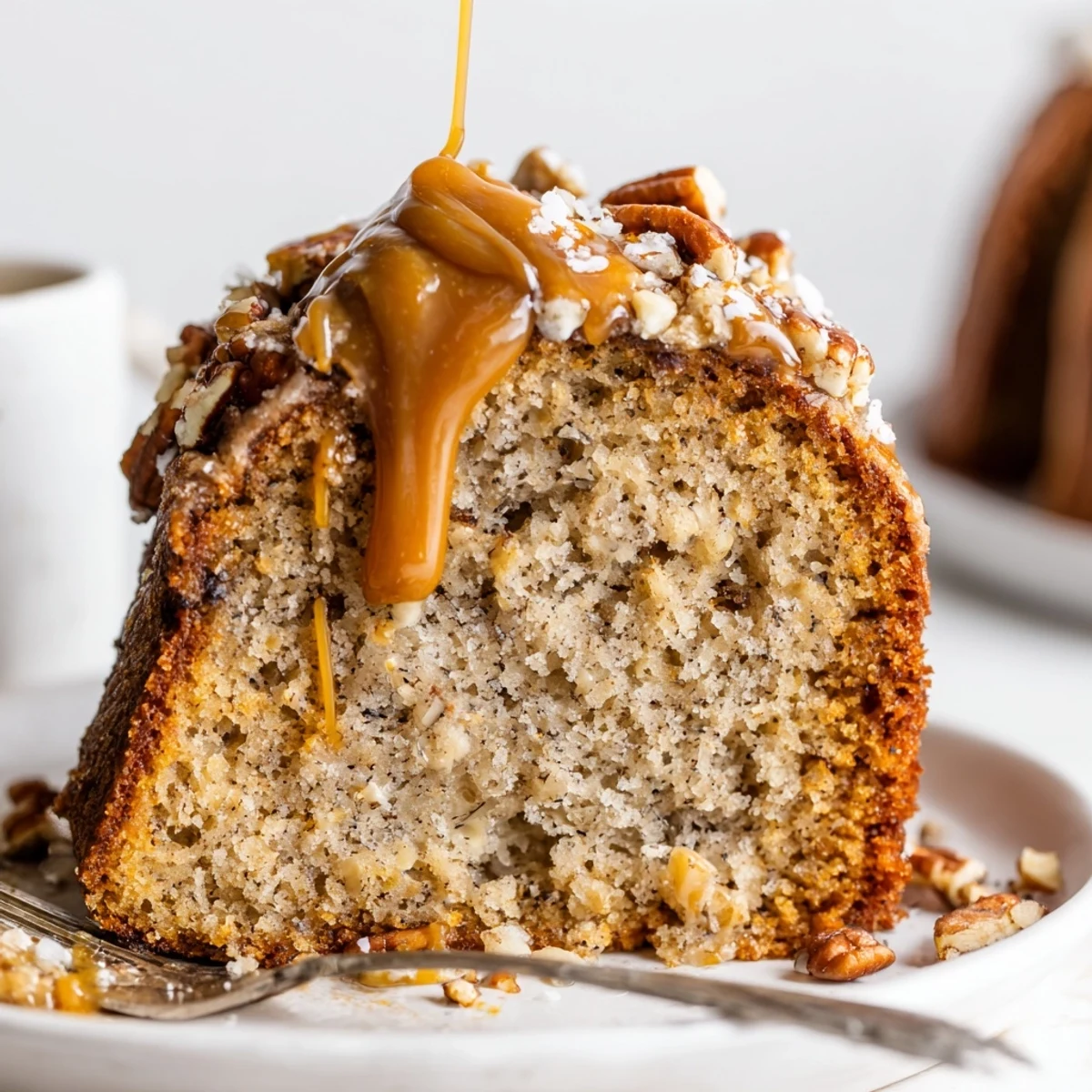 Warm Salted Caramel Brown Butter Banana Cake with nutty aroma, flaky sea salt
