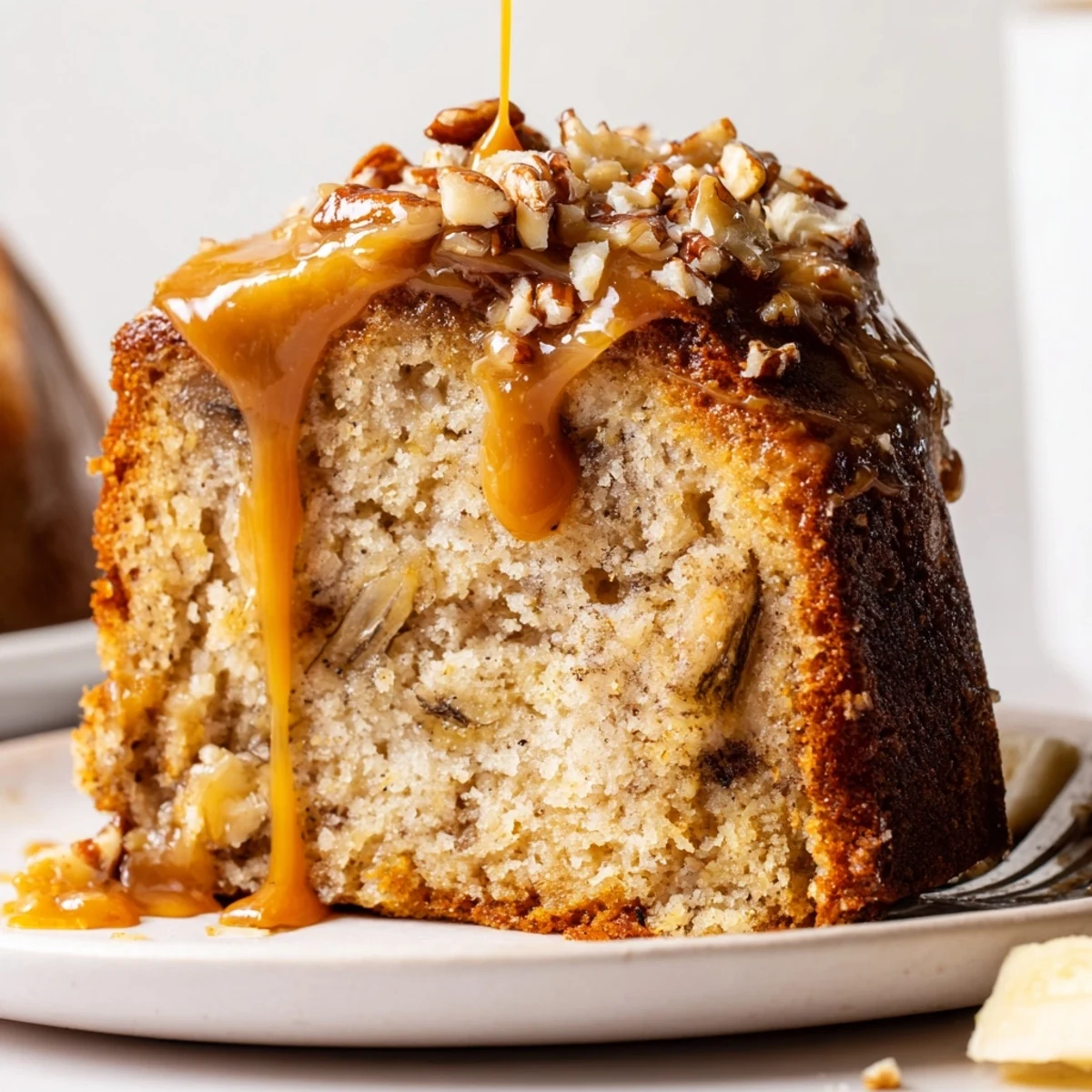 Fork slicing into Salted Caramel Brown Butter Banana Cake, moist crumb and caramel