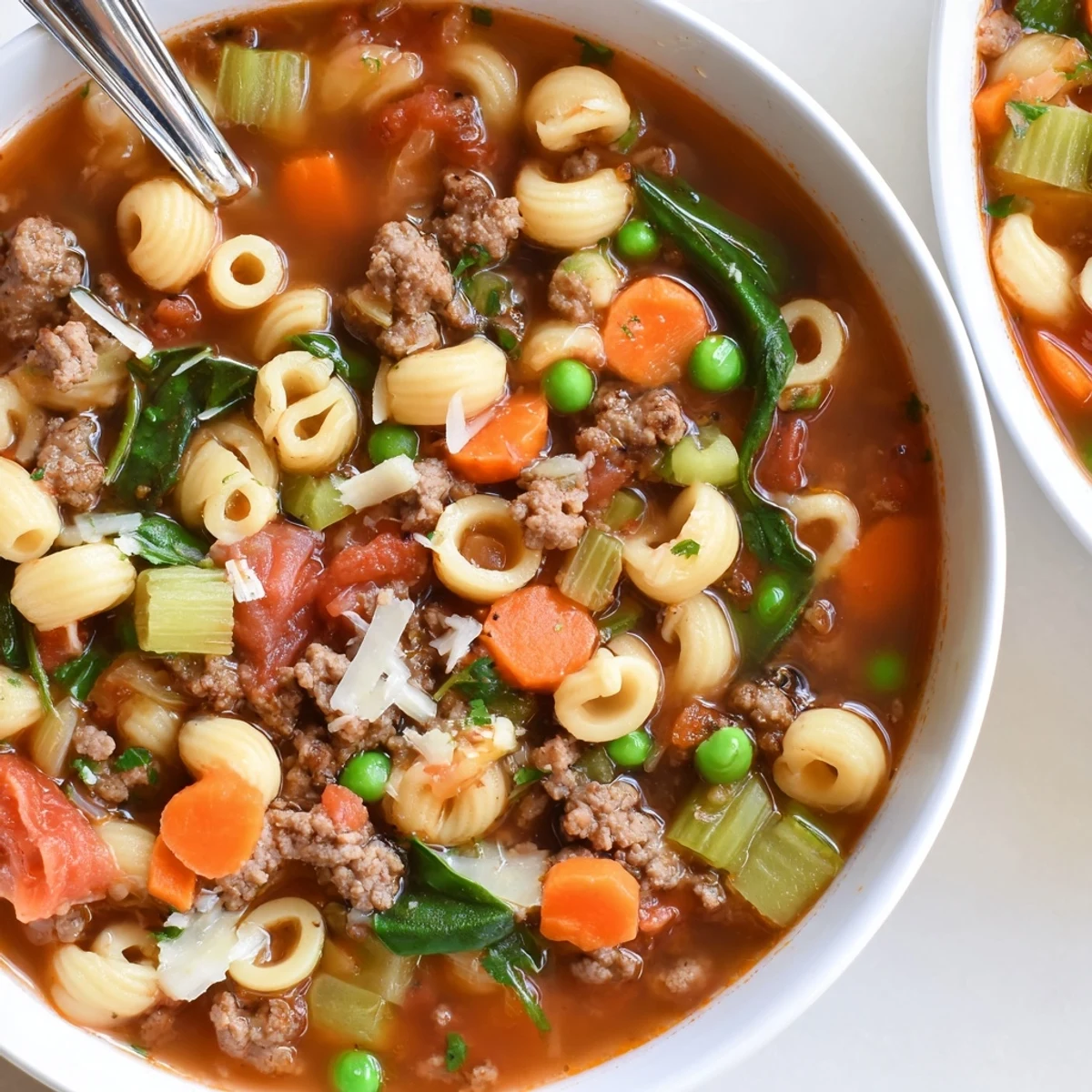 Steaming bowl of Delicious Homemade Ground Beef Pasta Soup Recipe For Comfort.