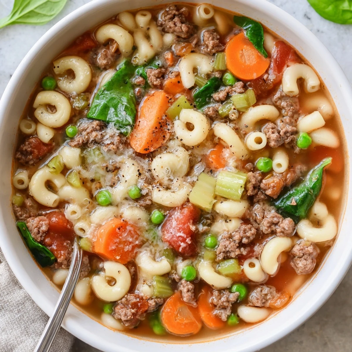 Hearty spoon lifting noodles from Delicious Homemade Ground Beef Pasta Soup Recipe For Comfort.