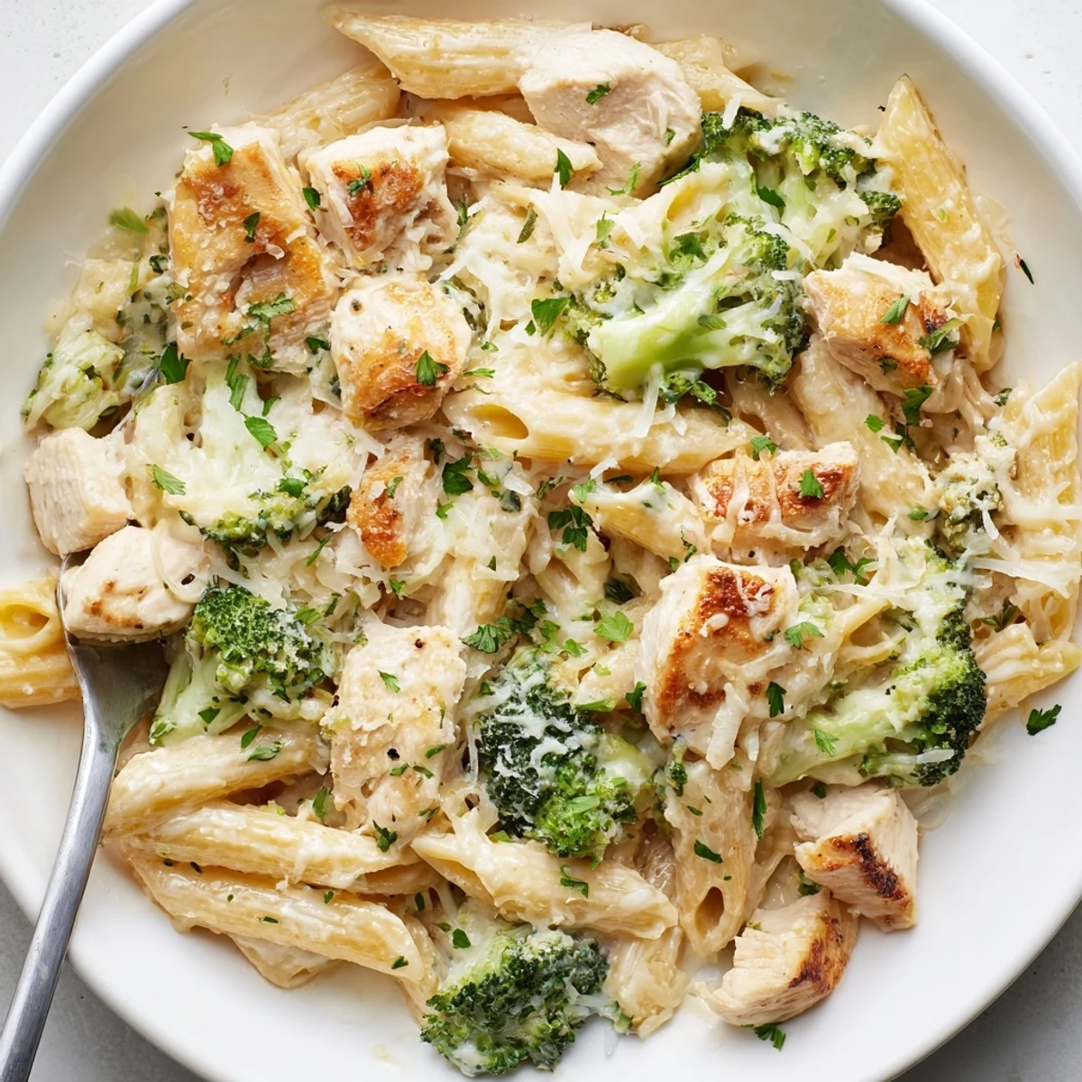 Chicken Broccoli Alfredo Bake with bubbling golden cheese and steaming pasta