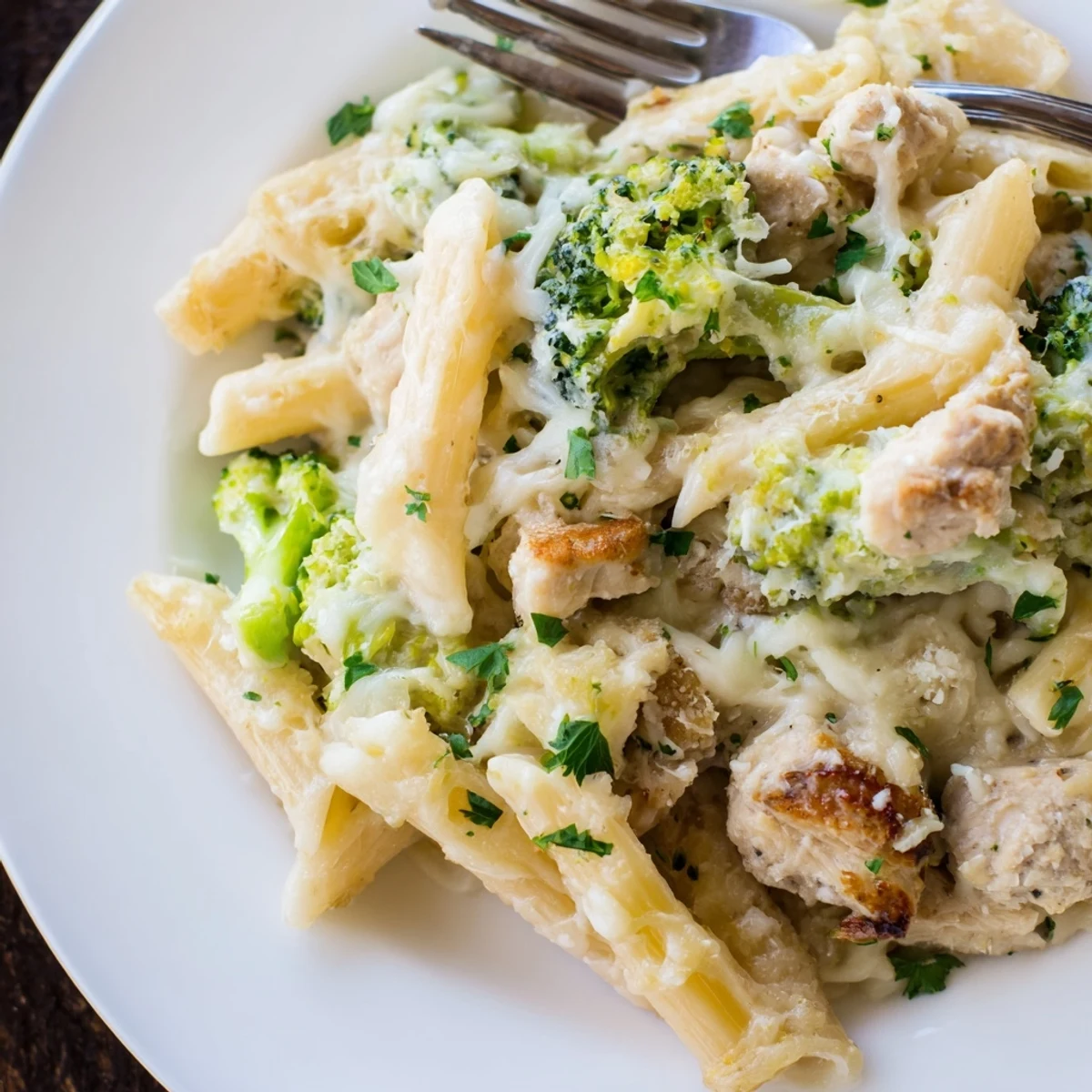 Oven-baked Chicken Broccoli Alfredo Bake with creamy sauce and parsley garnish
