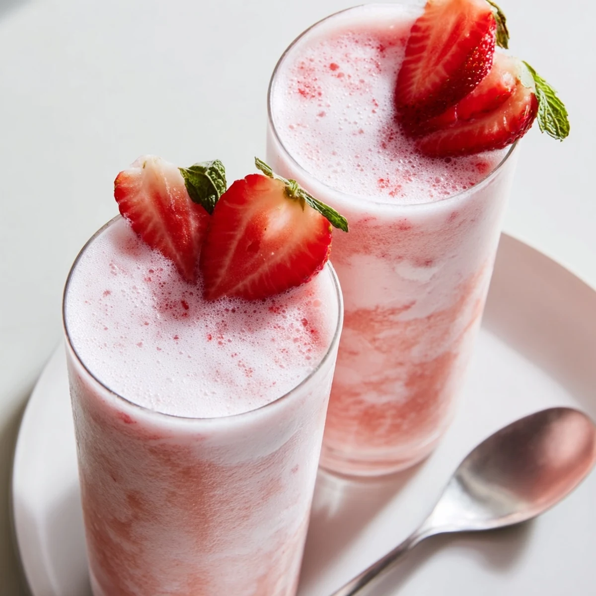Chilled Strawberry Coconut Cooler Recipe in tall glass with mint garnish