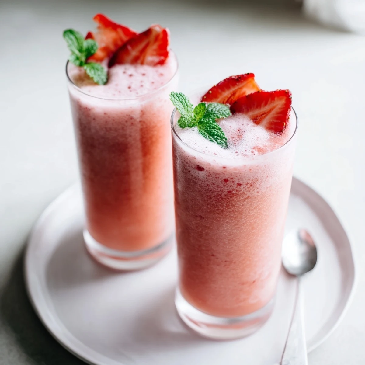 Creamy pink Strawberry Coconut Cooler Recipe served chilled with strawberry slices