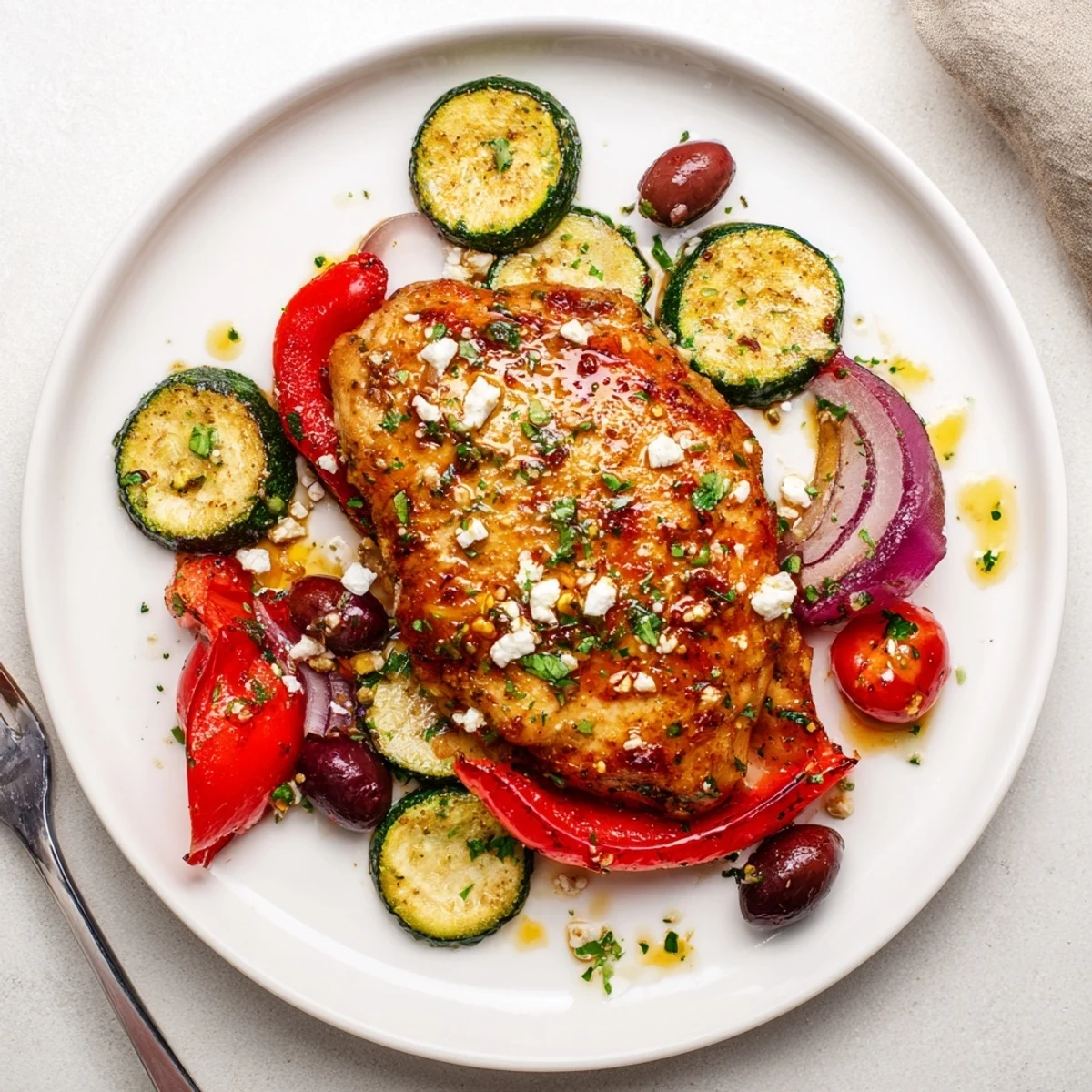 Sheet Pan Mediterranean Chicken Zucchini glistening with roasted tomatoes, olives, and crumbled feta.