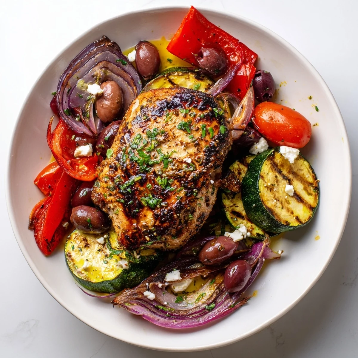 Tender Sheet Pan Mediterranean Chicken Zucchini served with crisp bell peppers and parsley.