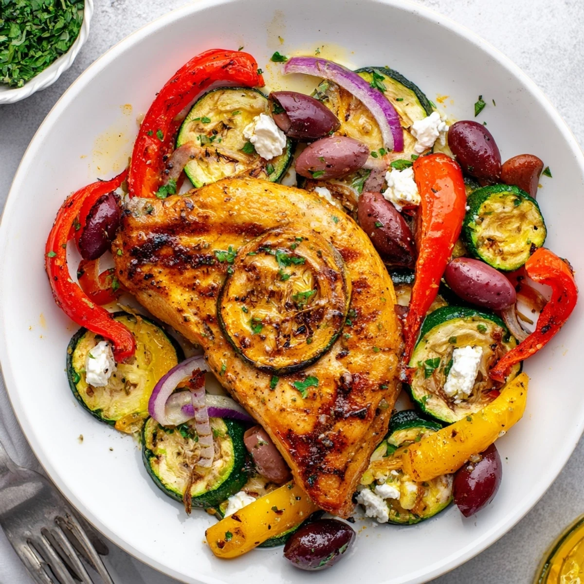 Serve Sheet Pan Mediterranean Chicken Zucchini hot from oven with lemony pan juices.