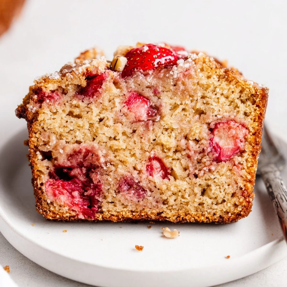 Warm Strawberry Banana Bread Recipe cooling on rack, strawberries glistening, steam rising