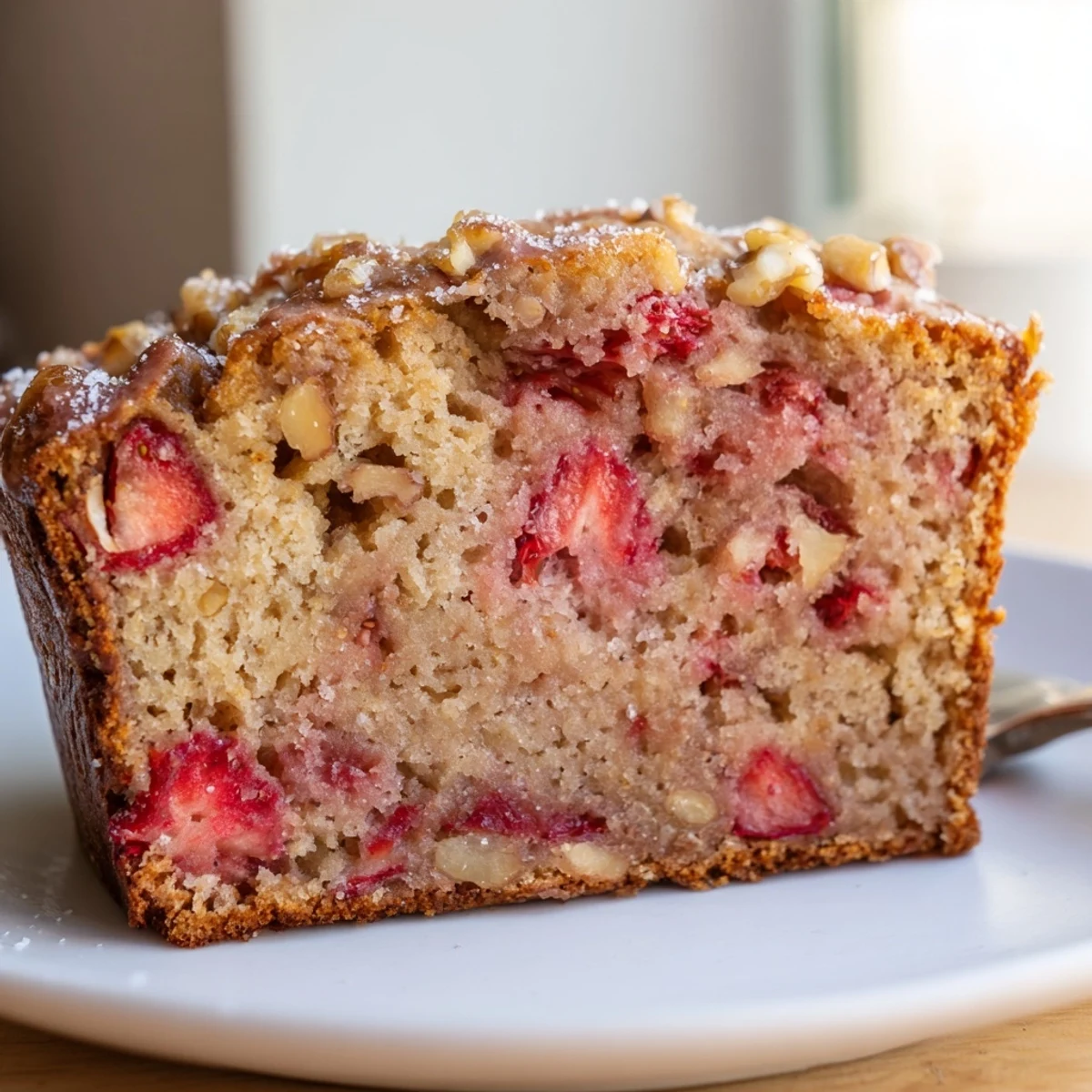 Sliced Strawberry Banana Bread Recipe served with melting butter, soft crumb