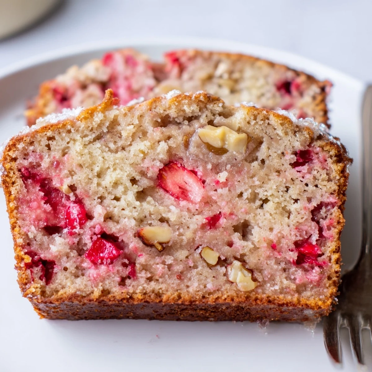 Fresh-baked Strawberry Banana Bread Recipe arranged for breakfast, juicy strawberry pockets visible