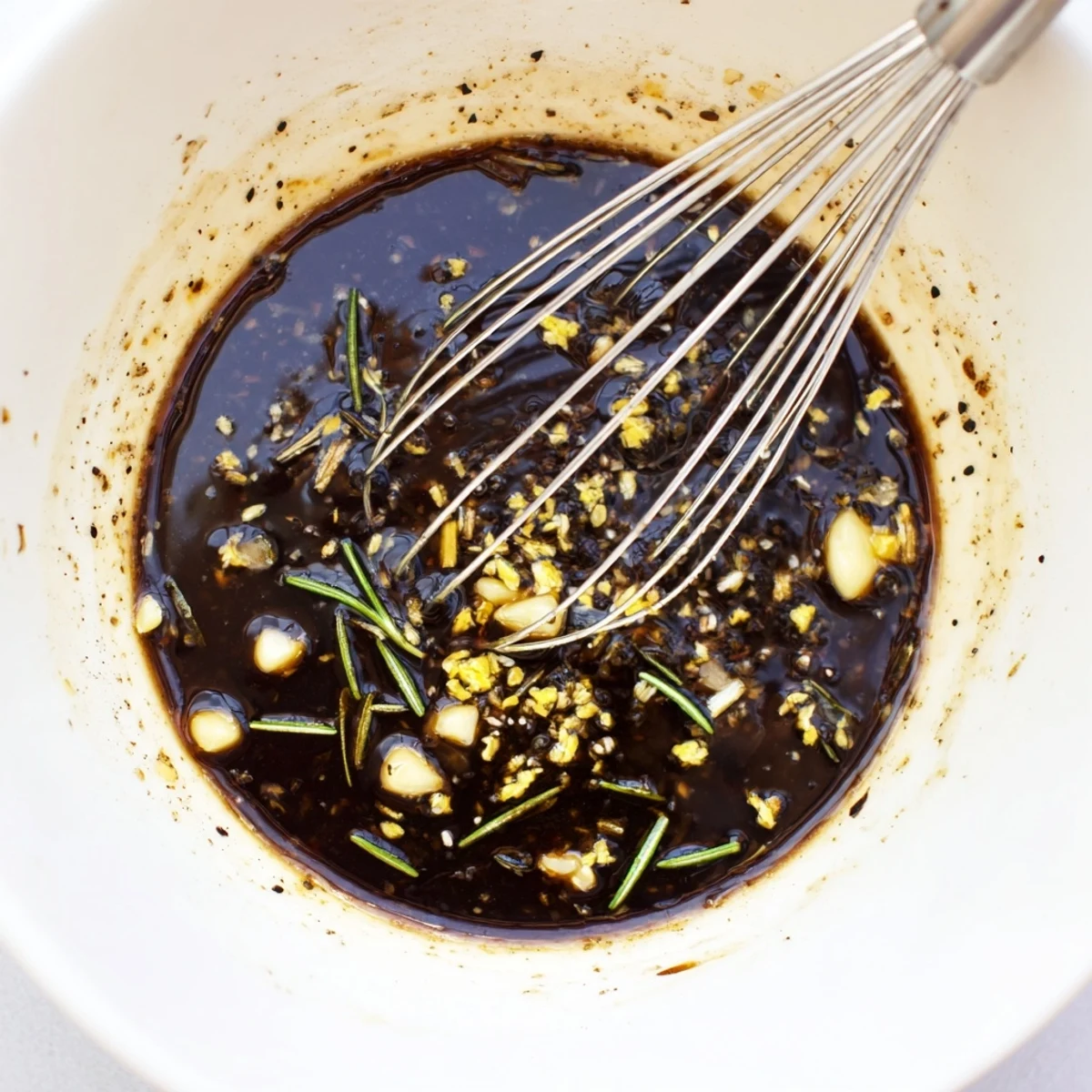 Homemade Steak Marinade soaking flank steak, tangy balsamic and lemon notes.