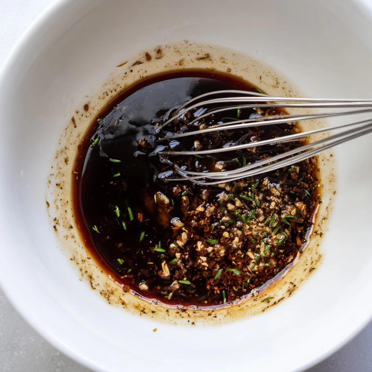 Bowl of Steak Marinade with minced garlic and rosemary, ready to pour.