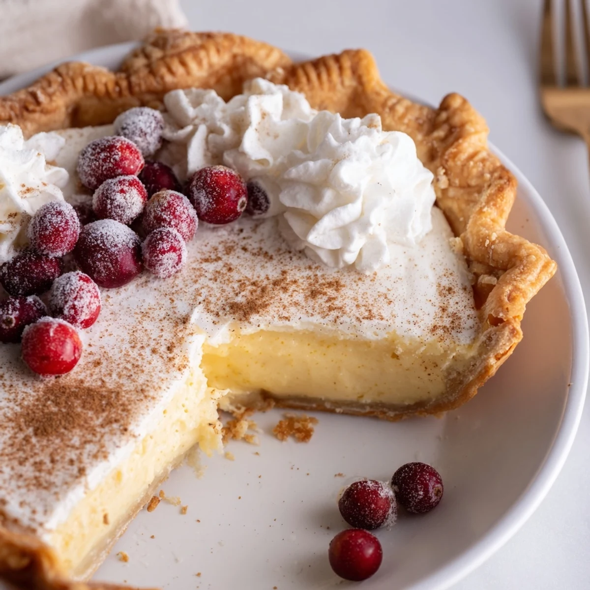 Warm slice of Christmas Eve Custard Pie With Cinnamon Vanilla, dusted powdered sugar
